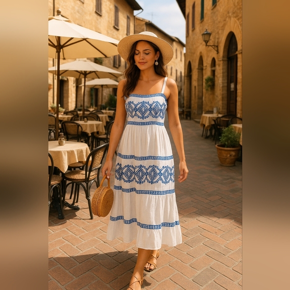 Women's White Maxi 100% Cotton Embroidered Summer Lined Dress XL Santorini Vibes - Picture 2 of 14